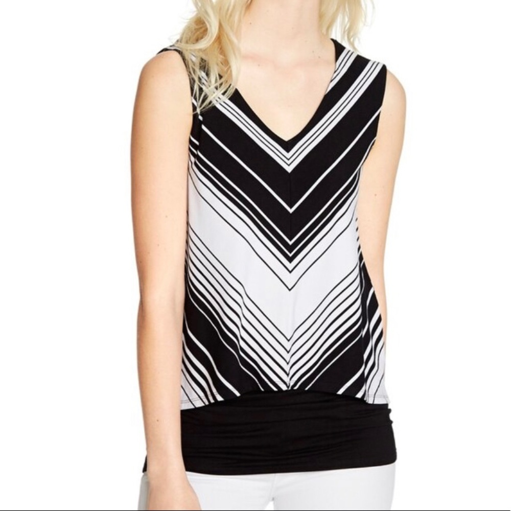 WHBM B&W Chevron Striped Layered Tunic Sleeveless Tank Blouse Top